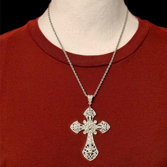 Silver Cross Pendant Necklace Gothic Religious Silver New Large Big Cross - Picture 1 of 15